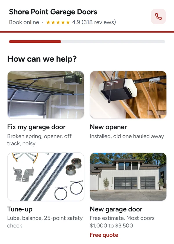 The booking page a homeowner sees: How can we help? Fix my garage door, New opener, Tune-up, New garage door.